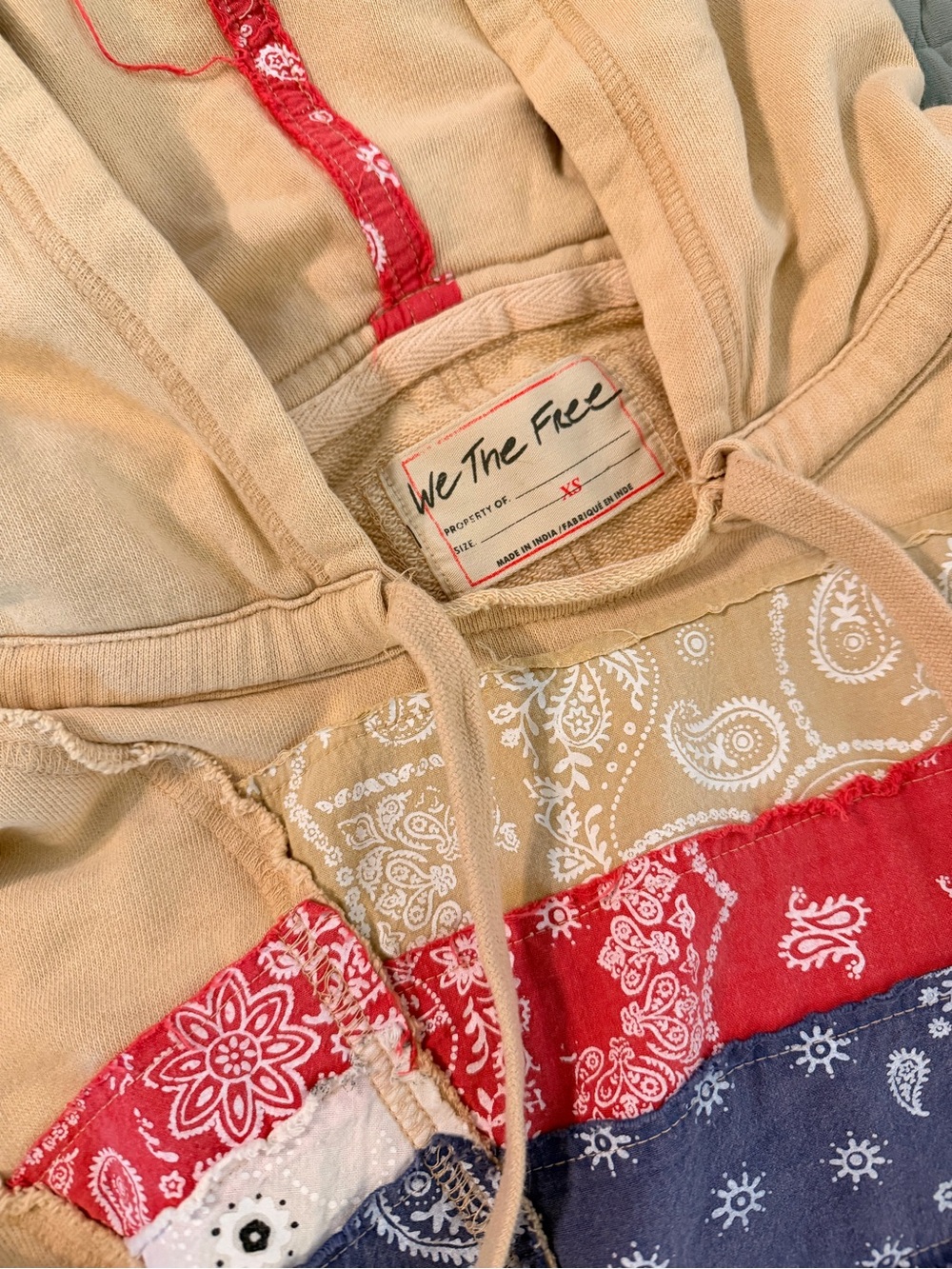 We The Free Beige Hoodie with Red & Navy Bandana Patchwork - Picture 2 of 6